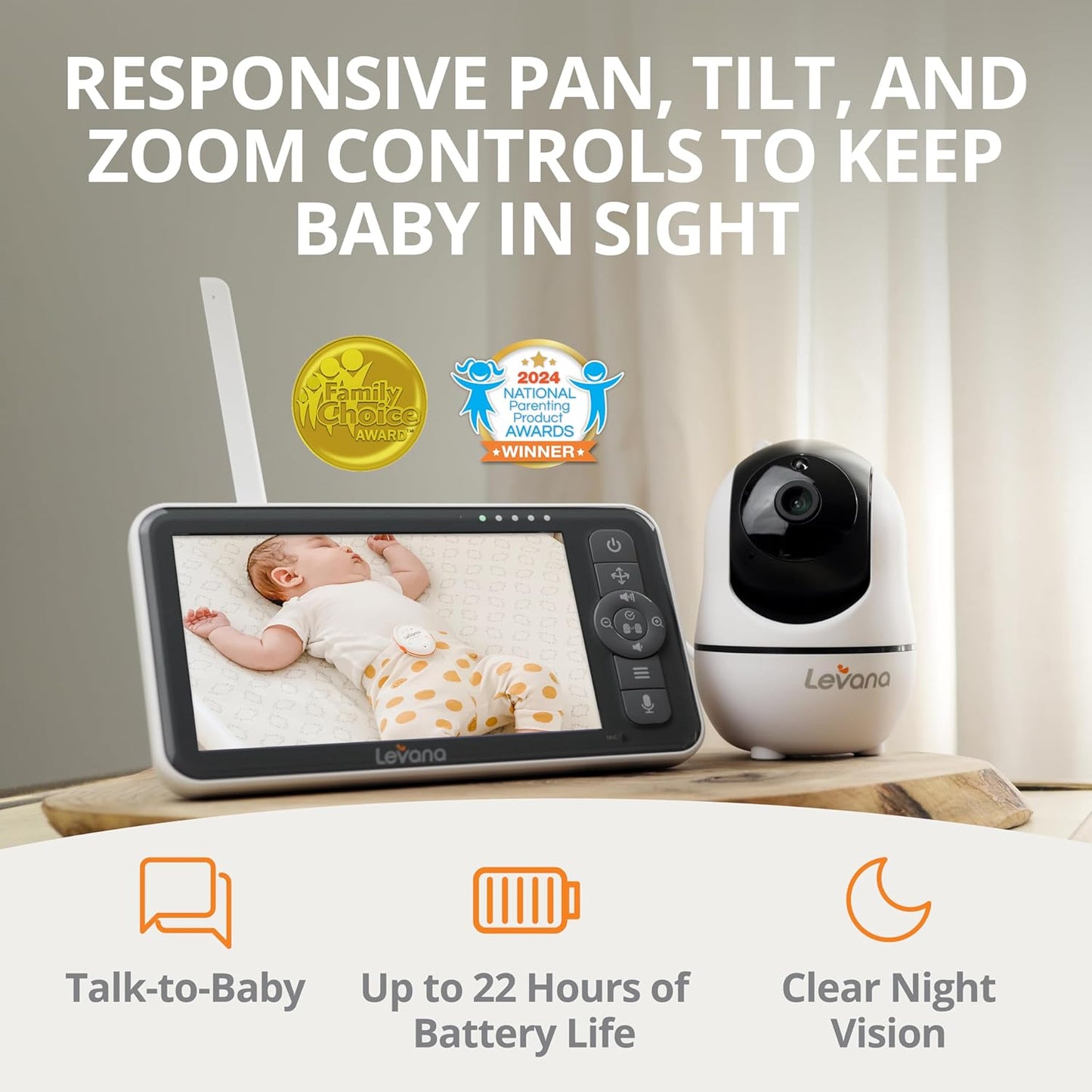 Levana Nala 5.5" HD Video Baby Monitor, 2 1080P Night Vision PTZ Cameras, 22 Hour Battery Life, 5000mAH Battery, No WiFi, Two-Way Talk, 1000ft Range, Carrying Case, 2 Year Warranty