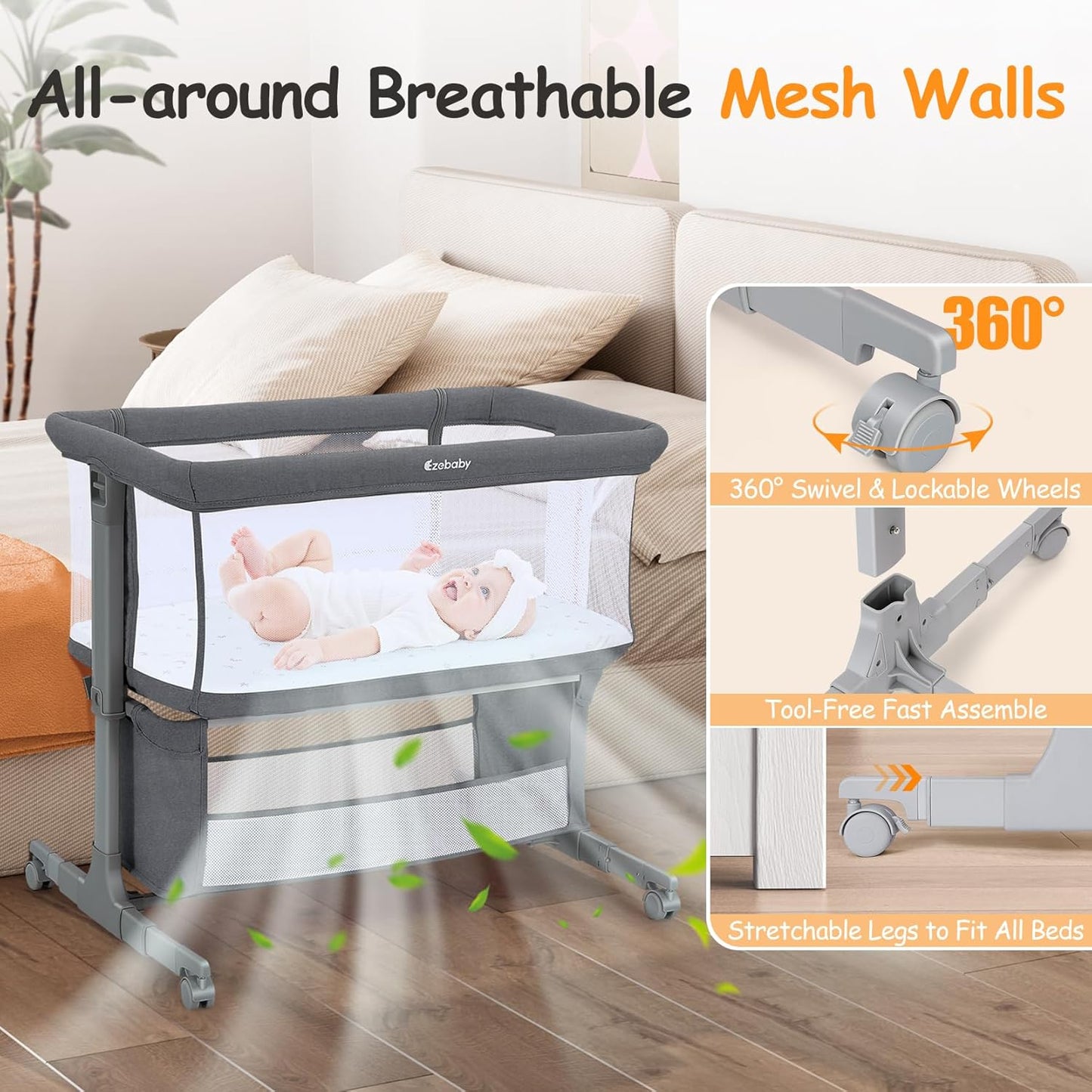 Ezebaby Bedside Bassinet for Baby, Portable Baby Bassinet Bedside Sleeper for Newborn Infants with Wheels Storage Basket, Adjustable 7 Heights and All Mesh Sides
