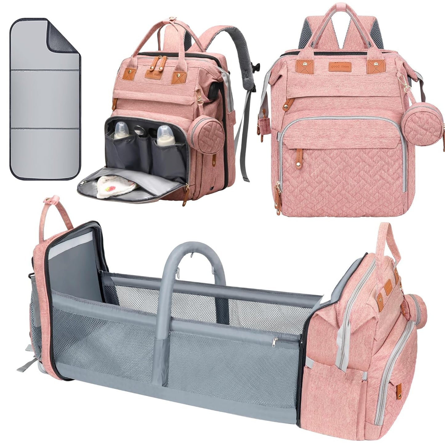 Diaper Bag, Baby Essentials, Multi-functional Large-capacity Diaper Bag Backpack, Best Gift for Newborns with Diaper Changing Station, Travel Essentials Diaper Bag Backpack (Pink)