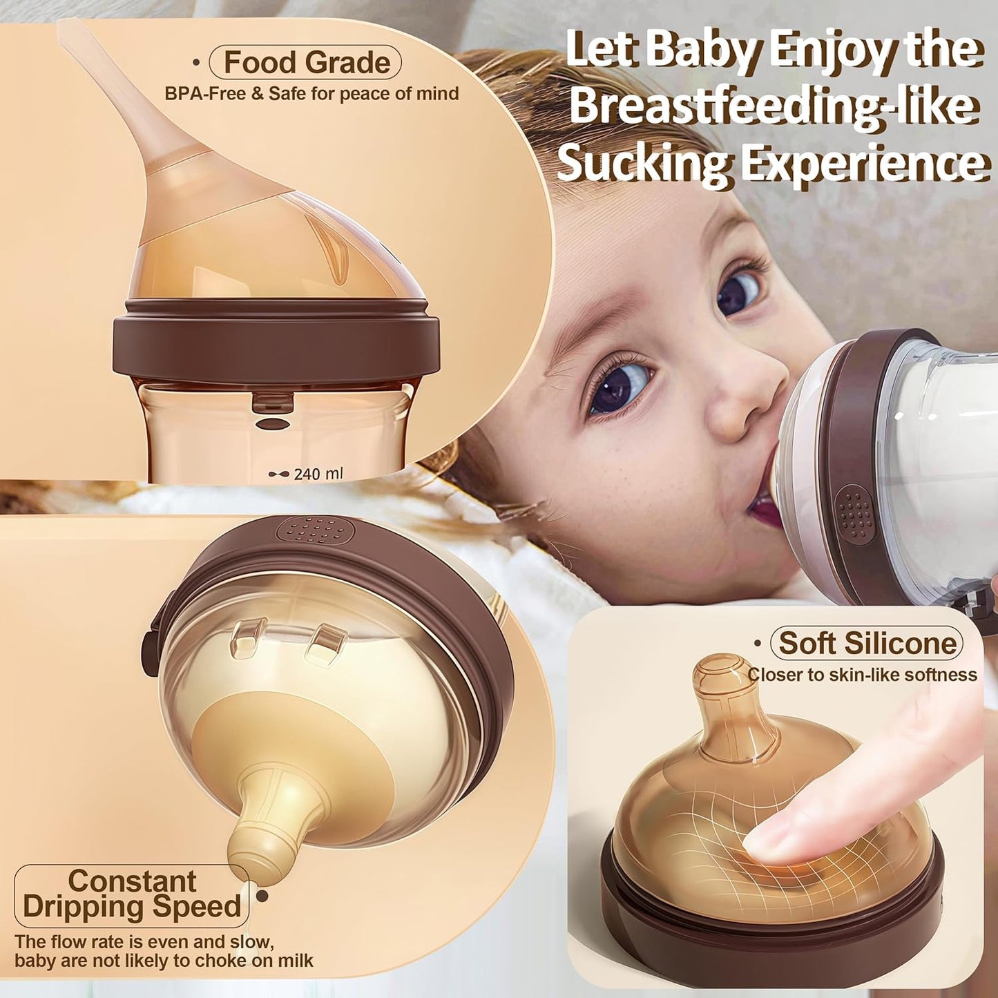 PPSU Baby Bottle, Bottles for Breastfed Babies with Handles and Straw, Flip-top Anti-Colic Baby Bottles 8oz/240mL 6-12 Months