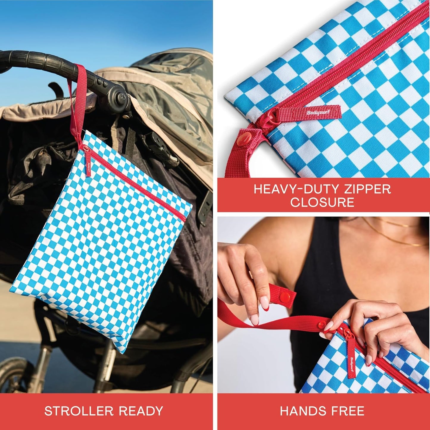 Bodysurf Waterproof Wet Bag for Swimsuit, Travel, Baby Essentials - Reusable Compact Organizer & Lightweight Storage for Dirty Laundry, Cloth Diapers, Gym, Yoga, Beach, Pool - Electric Blue, Checkered