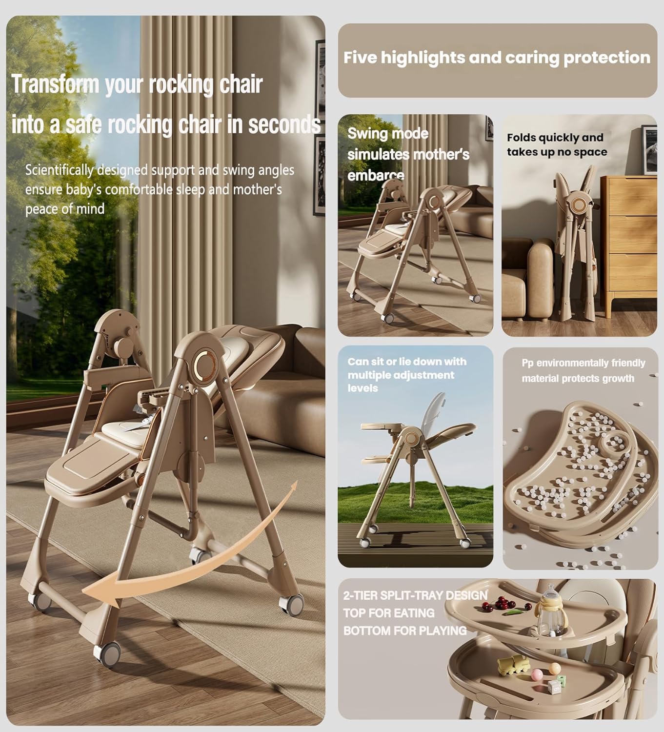 Nine point nine PU Leather Baby High Chair with Swinging Function, High Chairs for Babies and Toddlers, Removable Double Tray Baby Seat Feeding Chairs (8121 White)