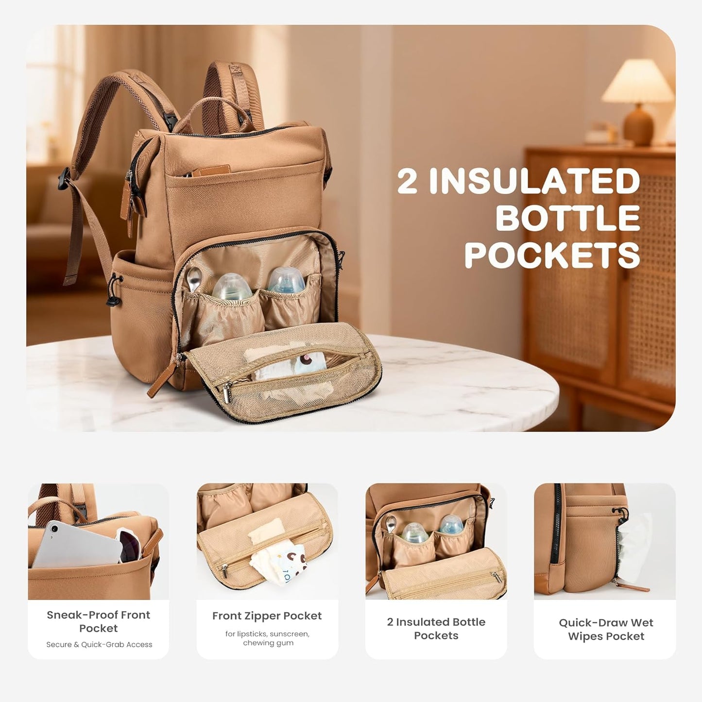 VONAL Neoprene Diaper Bag Backpack with Changing Pad, 33L Large Capacity Neoprene Backpack Baby Diaper Bag with Insulated Pockets, Travel Diaper Backpack Baby with 12 Pockets for Mom & Dad, Brown