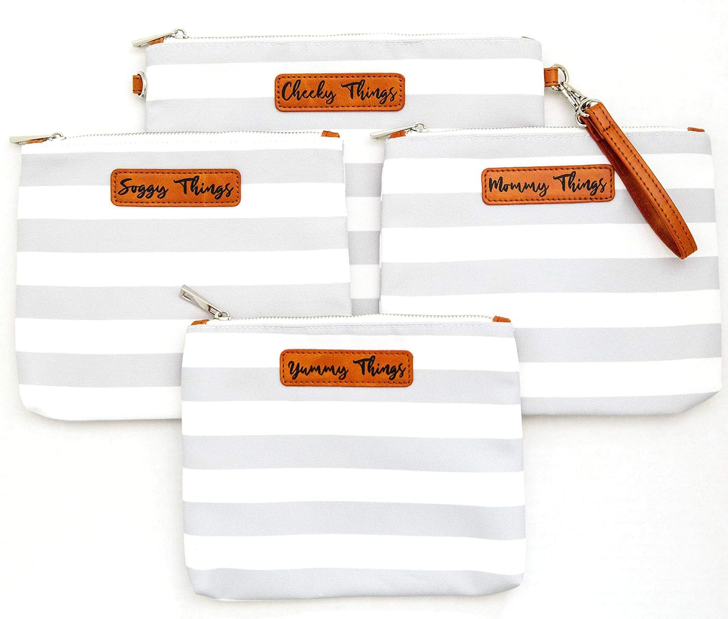 Stylish Diaper Bag Organizing Pouches - XL Set of 4 Gray and White Striped Canvas Diaper Bag Pouches with Leather Embossed Labels, Leather Wristlet Strap & Durable Metal Zippers