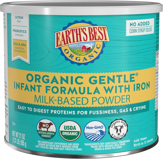 Earth's Best Organic Baby Formula, Gentle Infant Formula for 0-12 Months, Milk-Based Powder with Iron, Omega-3 DHA & Omega-6 ARA, 21 Ounce Container