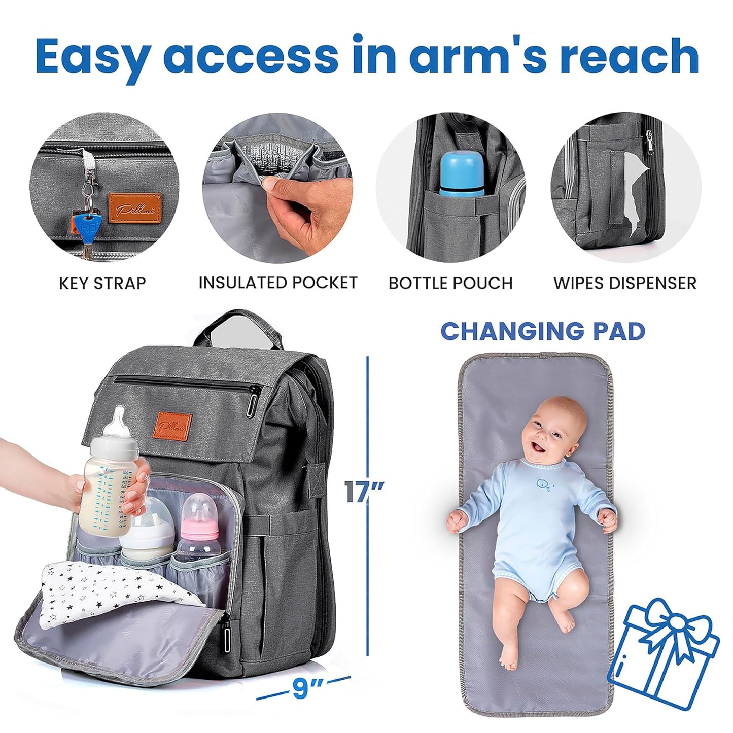 PILLANI Baby Diaper Bag Backpack - Large Bag for Boys & Girls, Waterproof Diaper Backpack - Travel Diaper Bags w/Changing Pad, Baby Registry Search & Shower Gifts - Essentials Must Haves Newborn Stuff