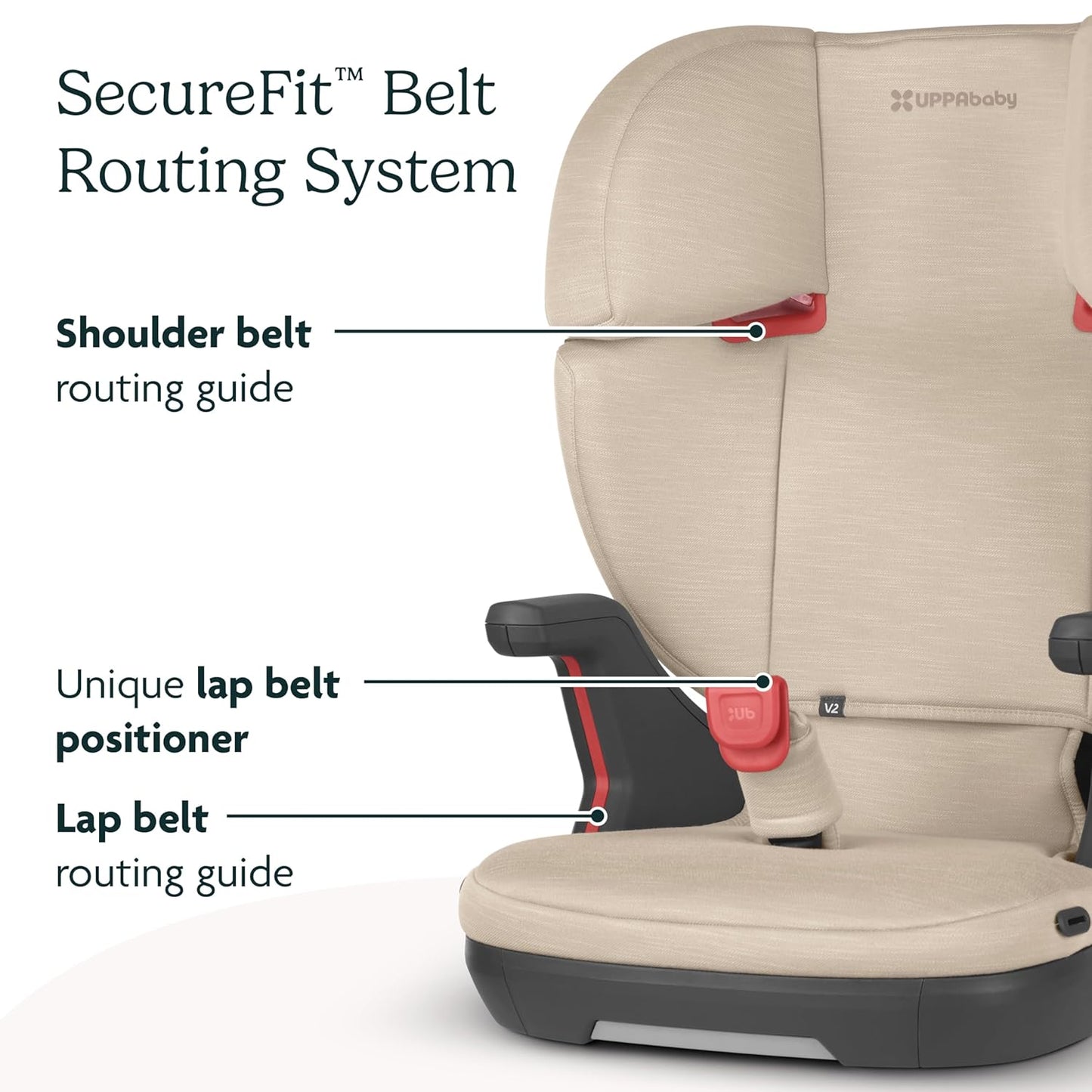 UPPAbaby Alta V2 High Back Booster Seat/Seven-Position, Active Support Headrest for Growing Children/SecureFit Integrated Belt Guide + Positioner/Cup Holder Included/Kavneer (Almond Mélange)