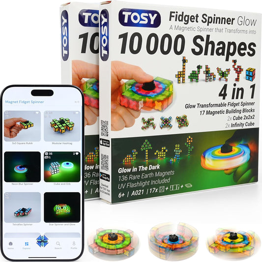 TOSY Magnet Fidget Spinner Glow - 16 blocks, 3in1 Toy: Transformable Fidget Spinner, Infinity/Puzzle Cube, Glowing, Christmas Stocking Stuffers Gift for Kids/Adults, STEM Sensory Stress Relief, 2-pack