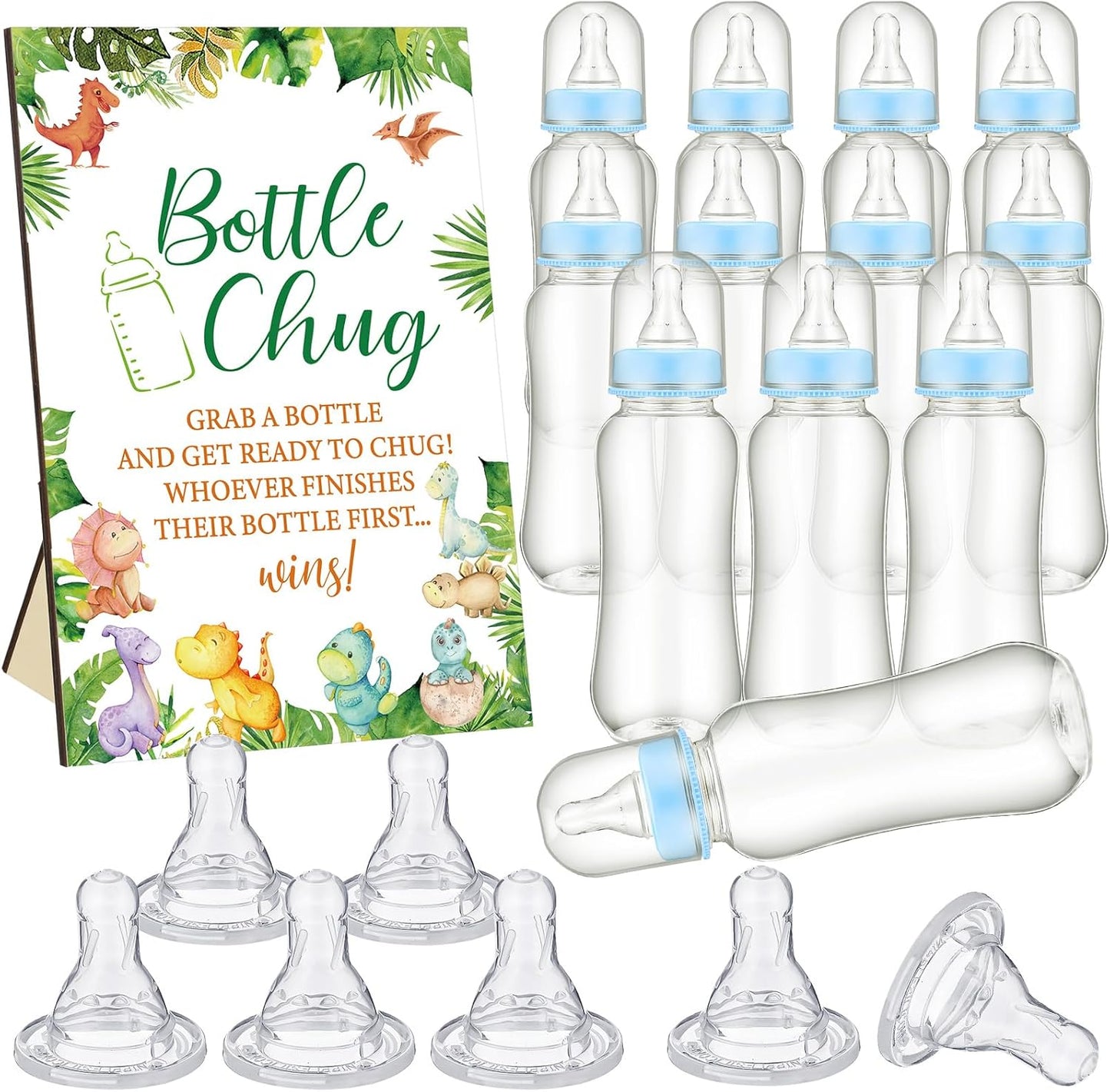 TrelaCo Dinosaur Cool Baby Shower Games Bottle Chug Sign Wooden Green Leaf Gift Sets Gender Reveal Party Favors and 12 Pcs Baby Bottle Shower Favor for Game Gender Reveal