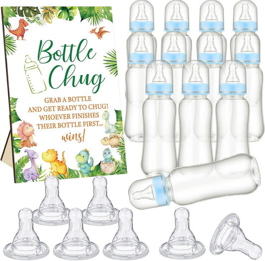 TrelaCo Dinosaur Cool Baby Shower Games Bottle Chug Sign Wooden Green Leaf Gift Sets Gender Reveal Party Favors and 12 Pcs Baby Bottle Shower Favor for Game Gender Reveal