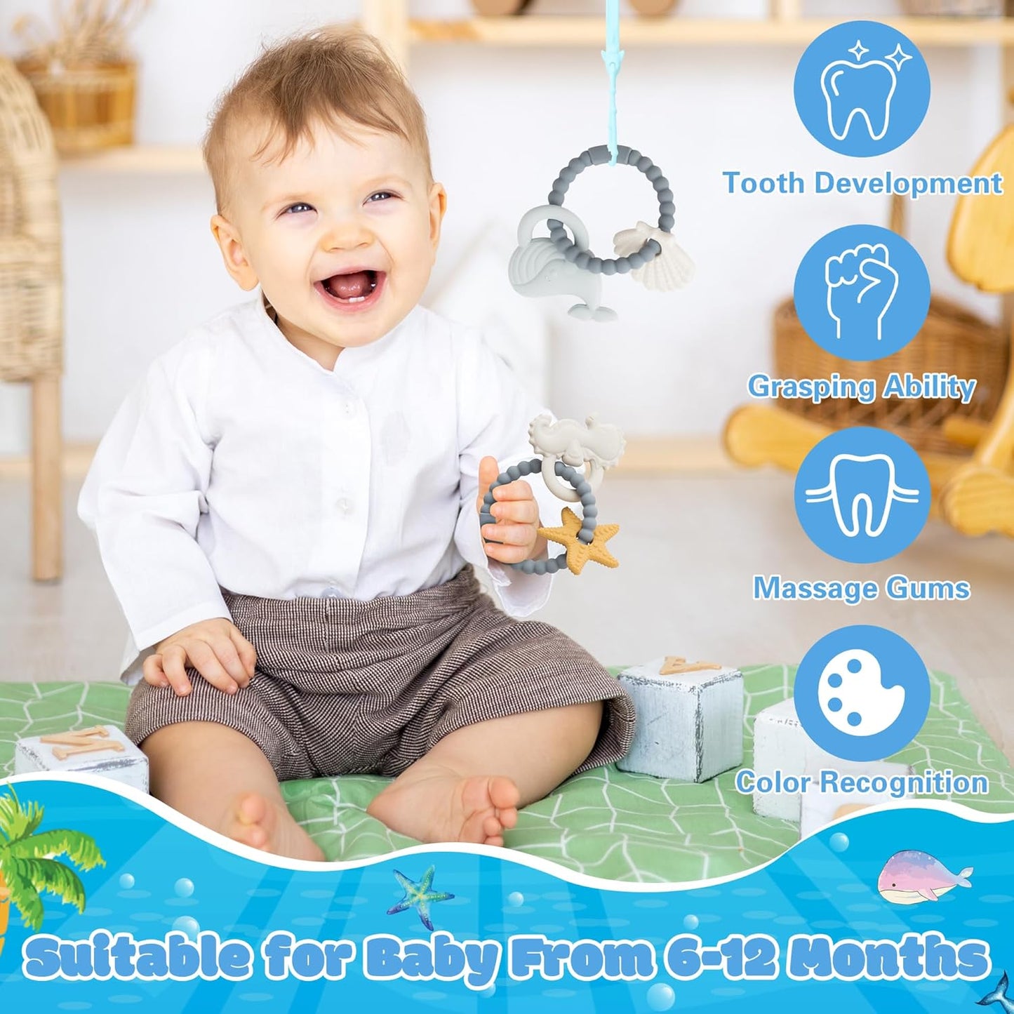 Silicone Teether Toys for Babies - 2ooya 2Pcs Summer Ocean Beach Themed Teething Ring Infant Soft Teethers, Toddler Teething Chew Toys for Newborn Boy and Girl Baby Shower Birthday Gifts