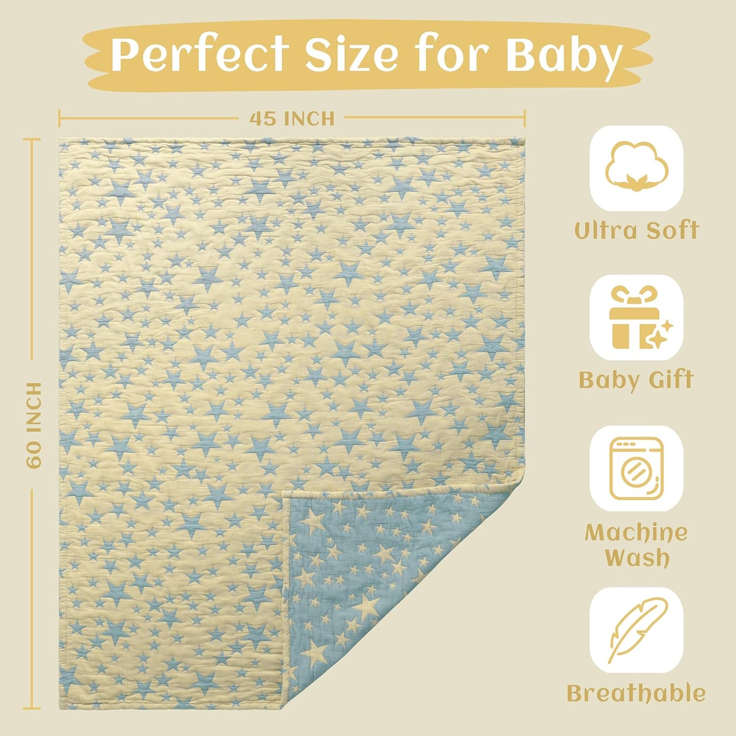 NTBAY 3 Layer Toddler Blanket, Muslin Cotton Jacquard Bed Blankets, Lightweight Thermal Baby Blanket, Super Soft and Warm Crib Blanket for All Seasons, Decoration Gift, 45"x60", Blue and Yellow Star