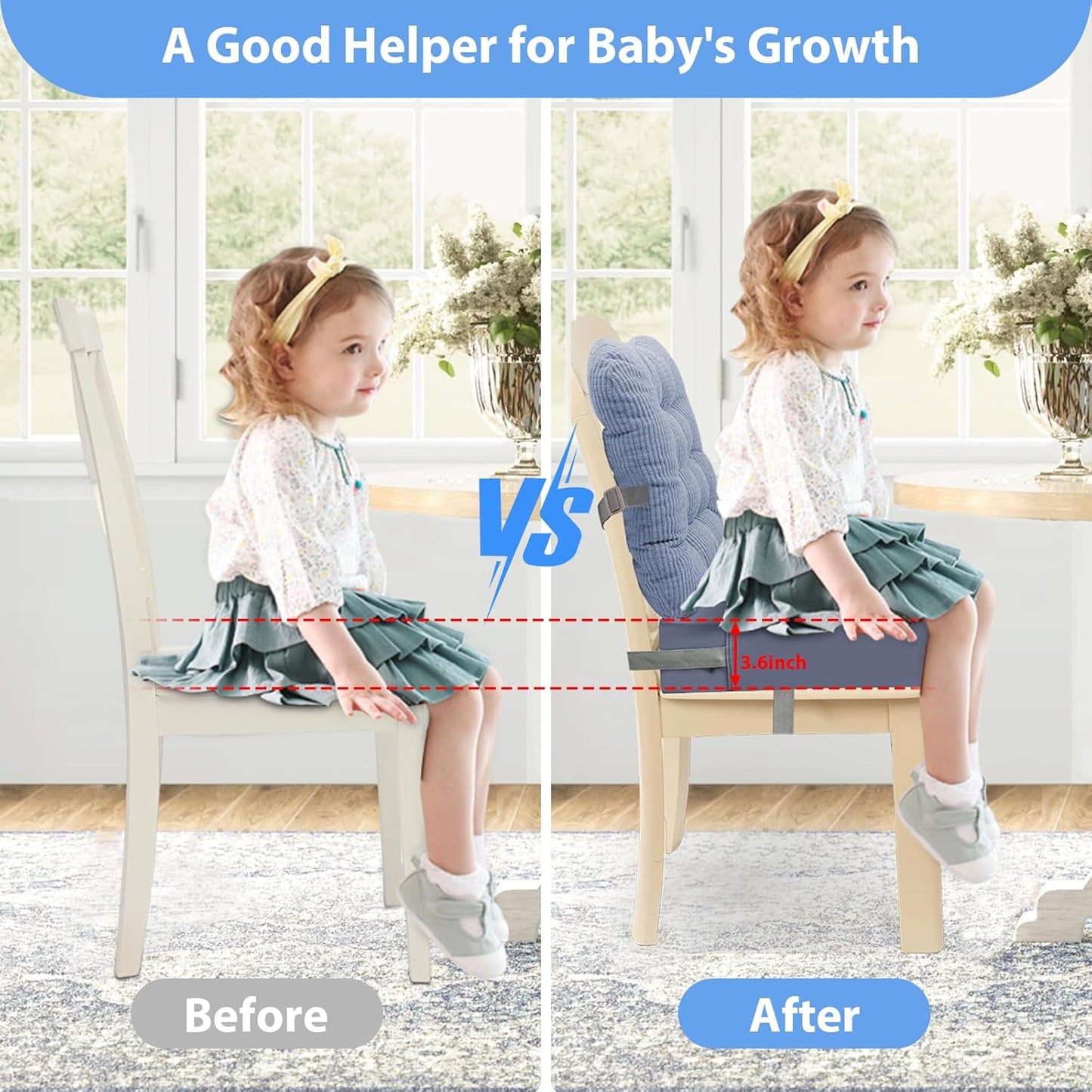 Booster Seat for Kitchen Chair - 2Pcs Toddler Booster Seat for Dining Table Adjustable Safety Belts & Non-Slip Bottom, PU Waterproof Easy Cleaning Booster Chair Cushion