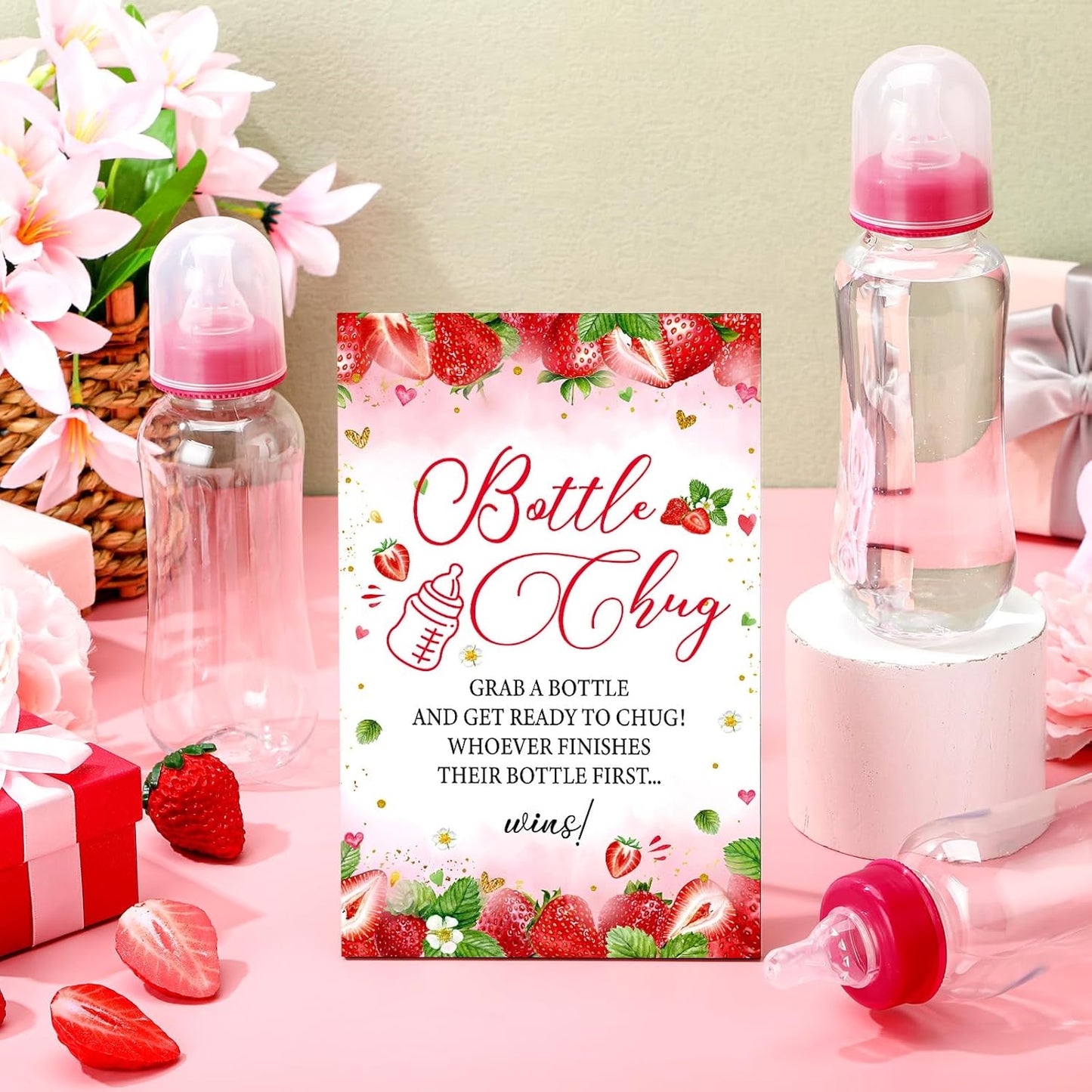 TrelaCo Cool Baby Shower Games Wooden Bottle Chug Sign Strawberry Theme Gift Sets and 12 Pcs Baby Bottle Shower Favor for Rustic Kraft Games Gender Reveal