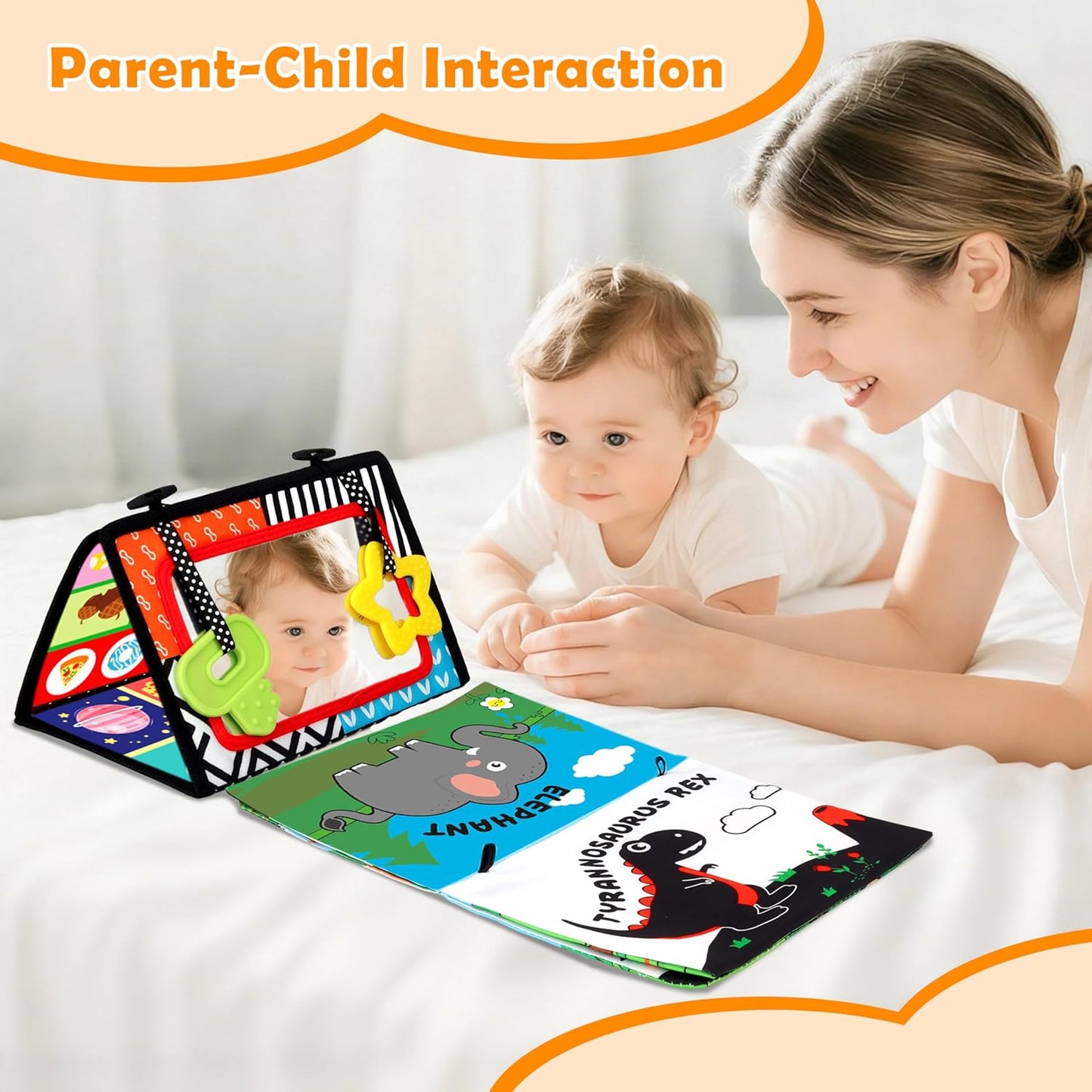 Baby Toys 0-6 Months - Tummy Time Toy Black and White High Contrast Newborn Toys - Baby Mirror with Cloth Book Teether - Montessori Sensory Crinkle Toy for Infant 0-3-6-12 Month Boy Girl Shower Gifts