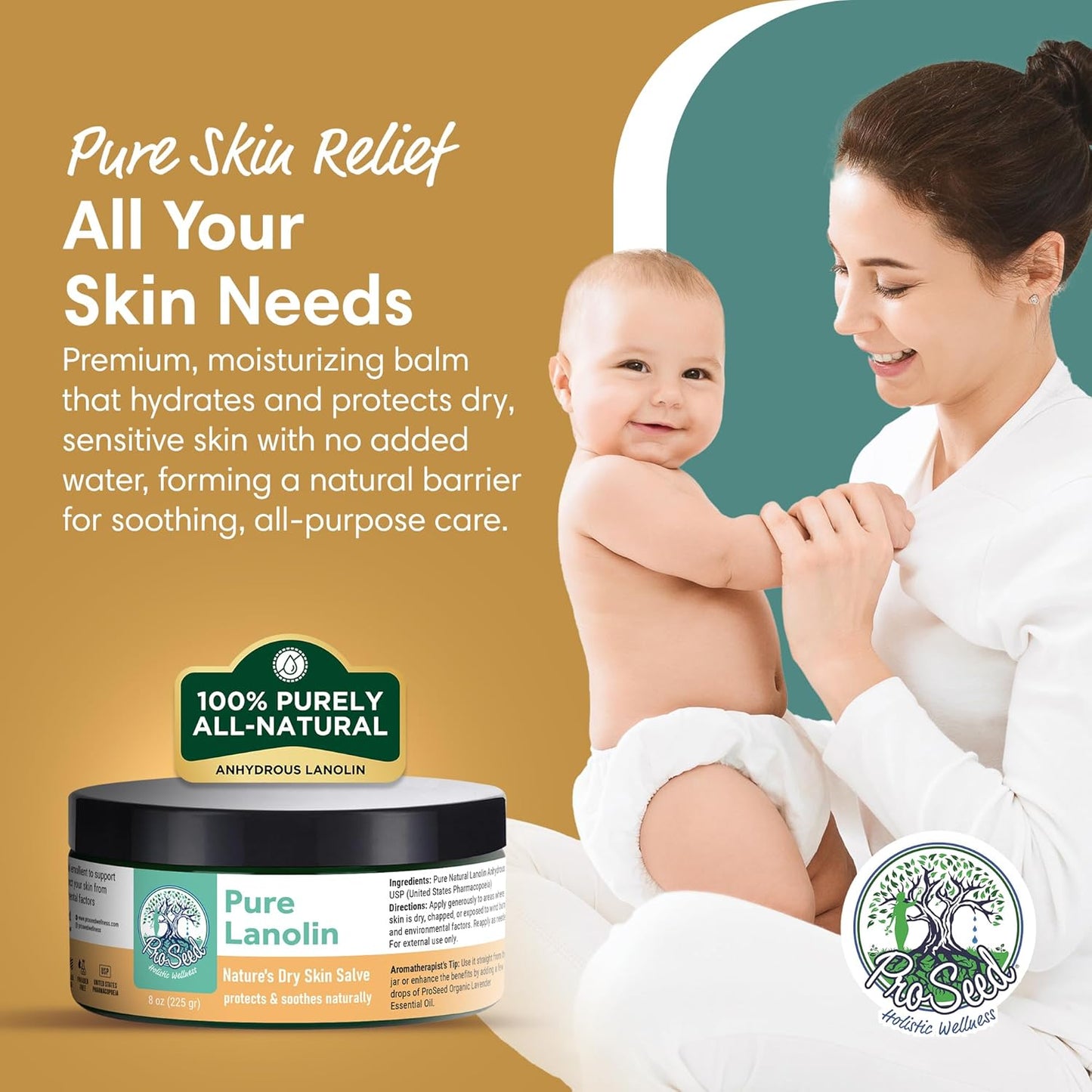 ProSeed Handmade Pure Lanolin Cream – Unrefined Balm for Moms, Baby Care & Nursing – Gentle Moisturizer for Dry Skin, Lips, Hands & Face – Petroleum-Free, 8oz