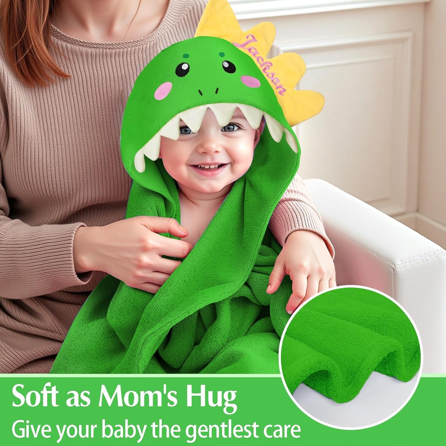 Custom Hooded Baby Towel with Name, Personalized Soft Highly Absorbent Bath Towels, Dinosaur Baby Towels for Girls Boys, Easter Brithday for Infant, Toddler, Newborn Essentials