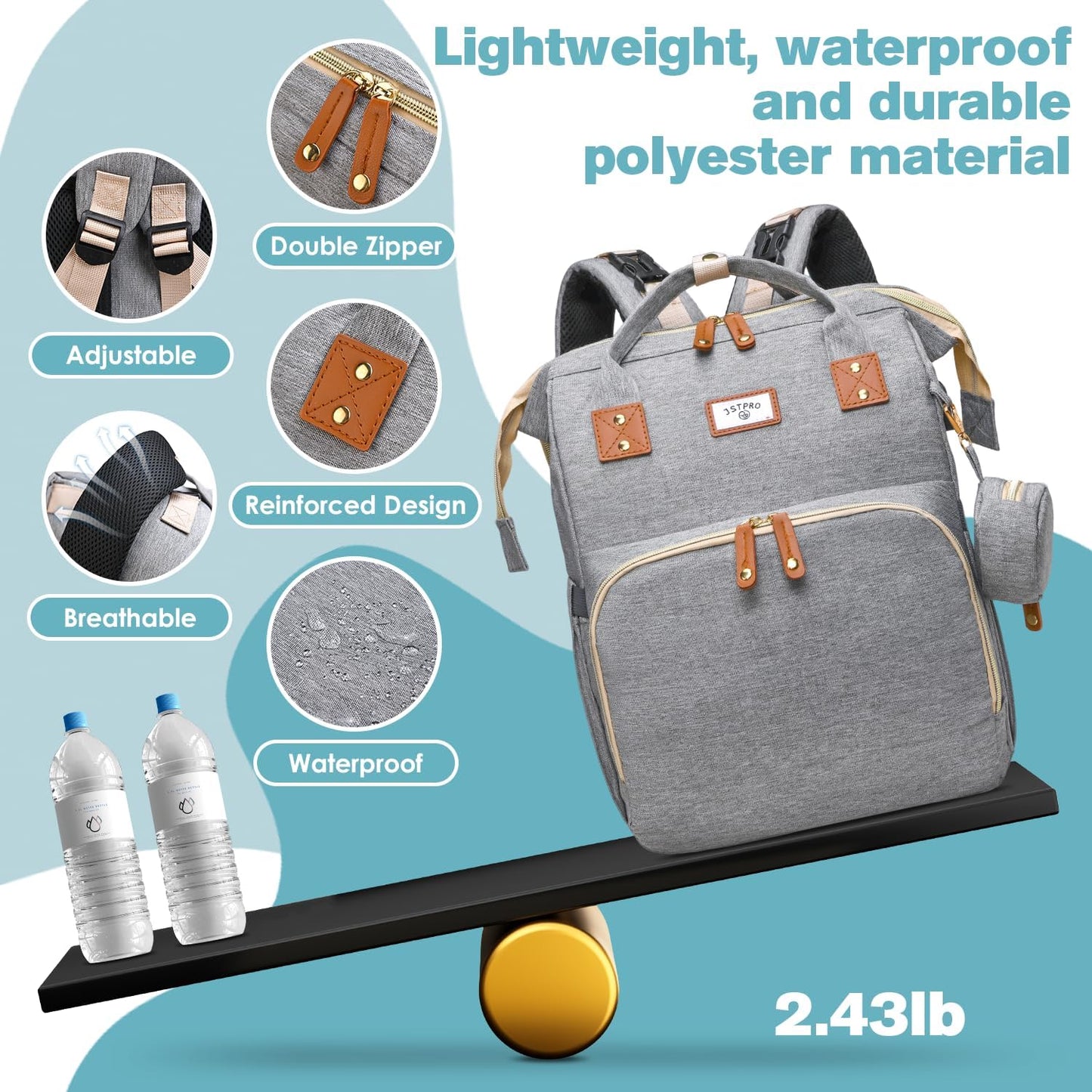 Diaper Bag Backpack, Large Waterproof Lightweight Diaper Bag with Changing Station, Insulated Pockets, USB Port & Stroller Straps, Travel Baby Bag for Mom and Dad, Baby Shower Gifts (Grey)