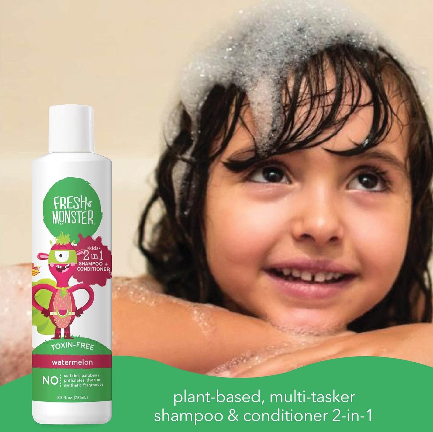 Fresh Monster 2-in-1 Kids Shampoo & Conditioner, Toxin-Free, Hypoallergenic, Tear-free Shampoo & Conditioner for Kids, Watermelon (8.5oz)