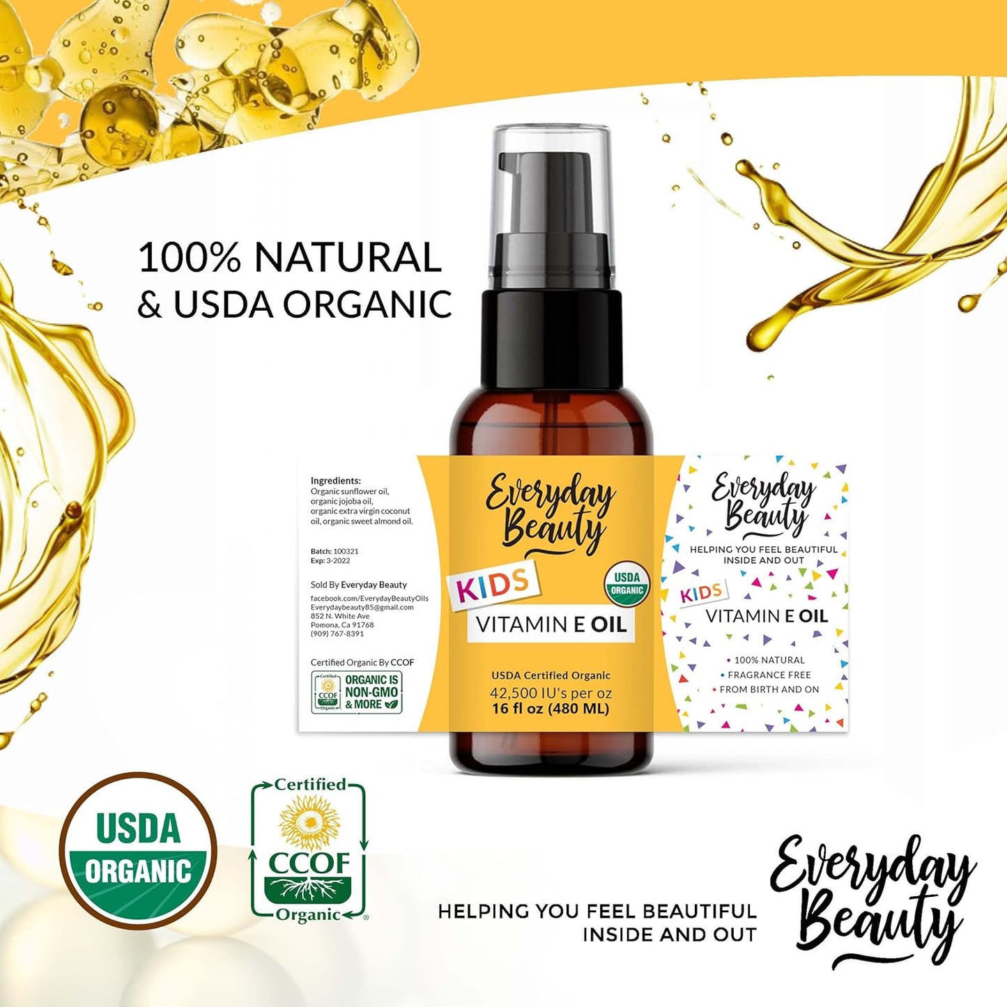 Organic Vitamin E Oil - Nourishing Baby Massage Oil for Moisturizing Dry Skin - Fragrance Free & All Natural Plant Based, Lightweight Gentle Blend - 16 Fl Oz With Pump Top