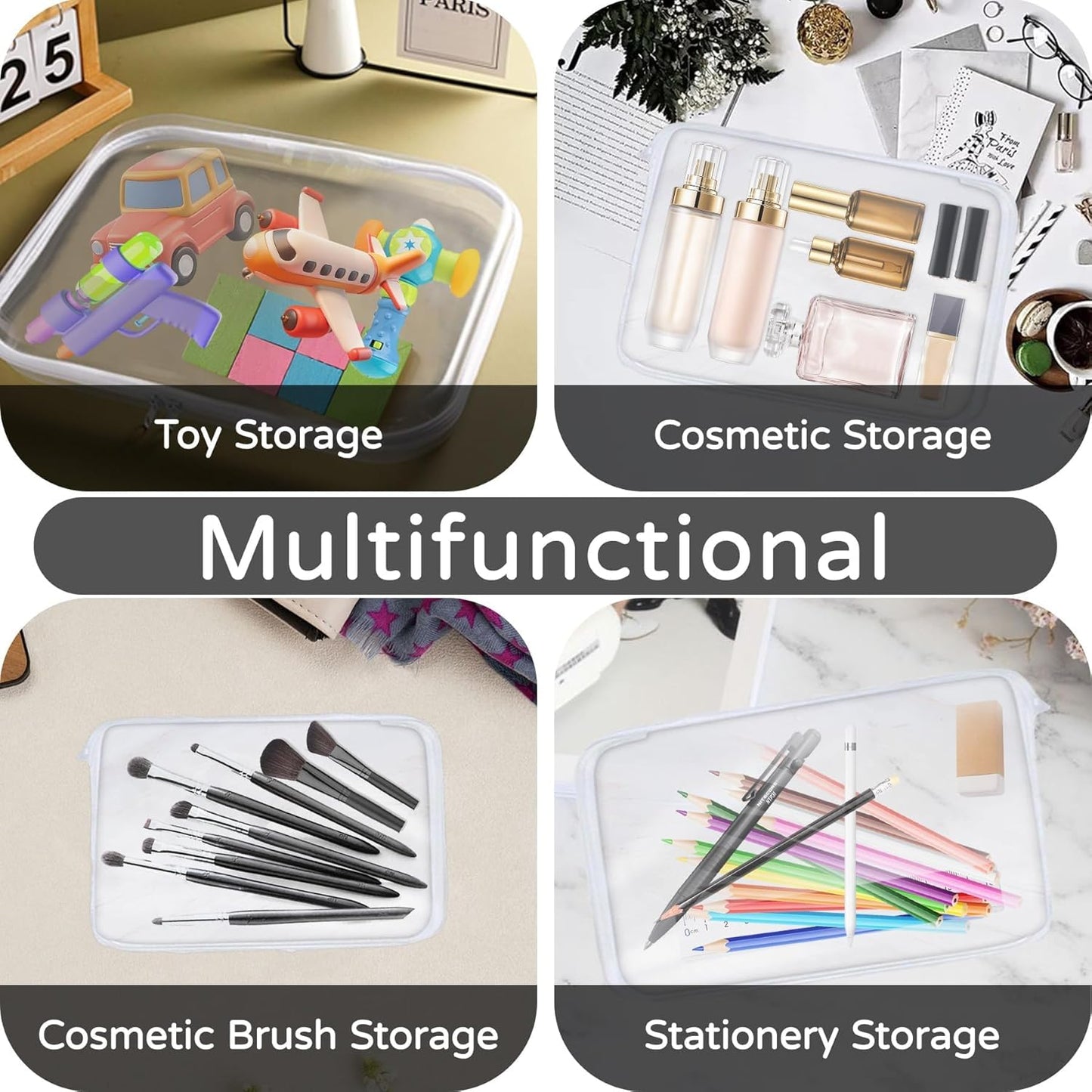 3PCS Clear Hard Plastic Zipper Case, Double Zippers Hard Pouch, Portable Travel Organizer Bin Clear Makeup Bag for Toy Storage, Snack Bag, Cosmetics, Pencil Case, Diaper Bag, Toiletry Bag