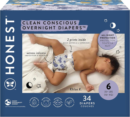 The Honest Company Clean Conscious Overnight Diapers for Sensitive Skin, Hypoallergenic Fragrance-Free Baby Diapers, Cozy Cloud and Star Signs Design, Club Box, Size 6 (35+ lbs), 34 Count