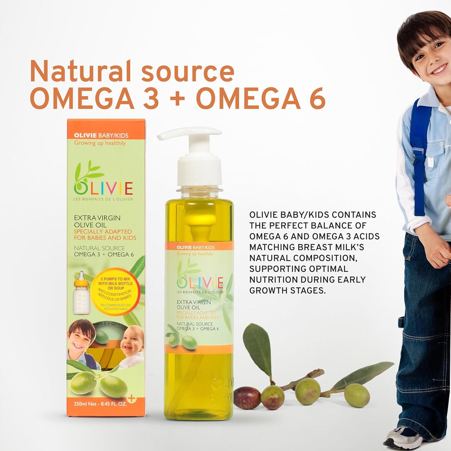 Calming Baby Oil for Newborns by OLIVIE, All Natural Colic Relief & Soothing Organic Moisturizer, Omega-3 Olive Oil Supplement for Infants, Toddlers & Kids, 250ml