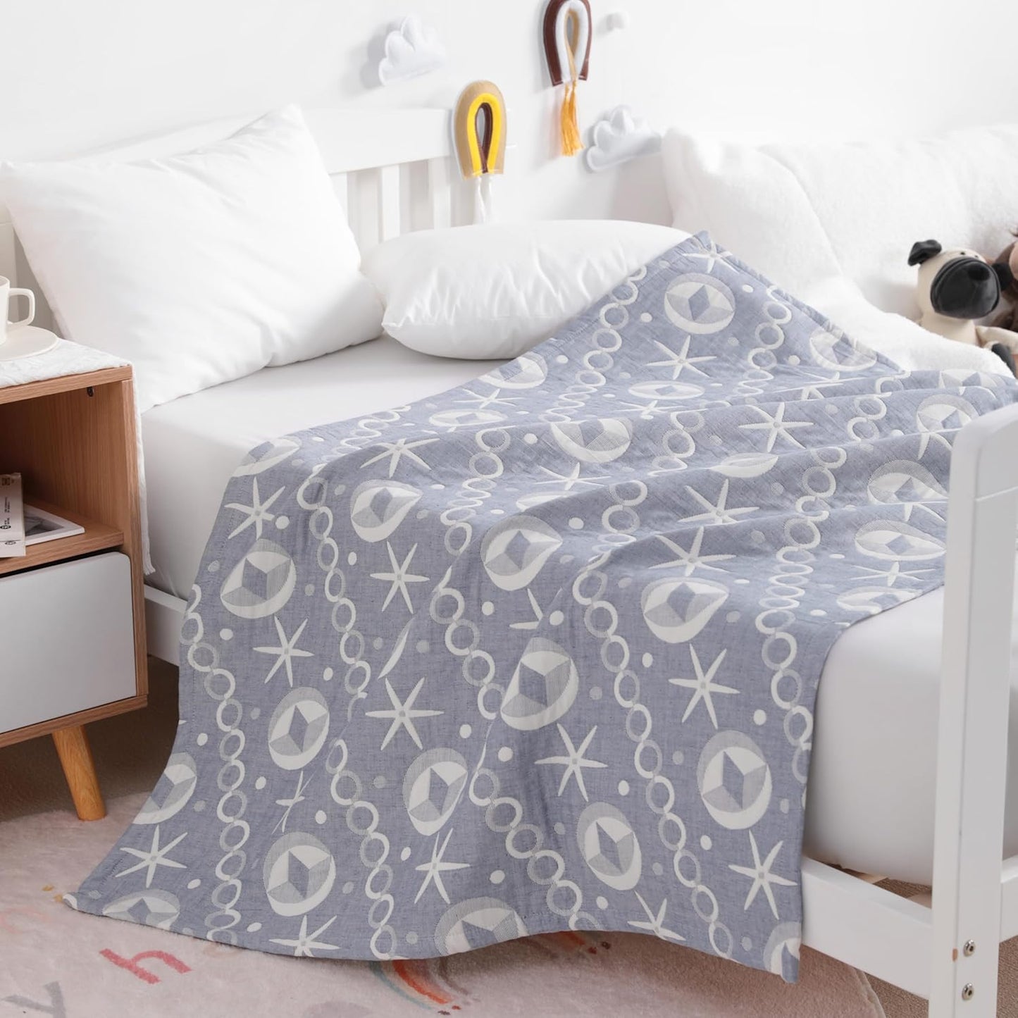 NTBAY 3 Layer Oversized Muslin Cotton Toddler Blanket, 45x60 Inches Jacquard Reversible Nursery Bed Blanket, Super Soft and Thermal Crib Blanket for All Seasons, Baby Gift, 45"x60", Blue Starfish