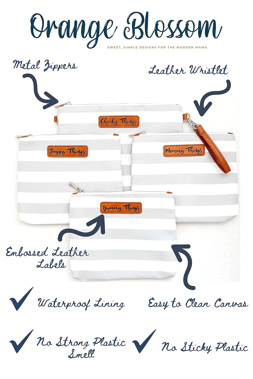 Stylish Diaper Bag Organizing Pouches - XL Set of 4 Gray and White Striped Canvas Diaper Bag Pouches with Leather Embossed Labels, Leather Wristlet Strap & Durable Metal Zippers