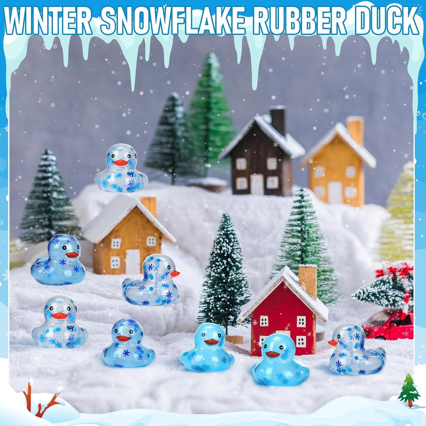 100 Pcs Winter Rubber Ducks Bulk Squeaky Floating Bath Snowflakes Duck Toys for Birthday Christmas Party Gifts Supplies Class Prizes Decorations Party Favors