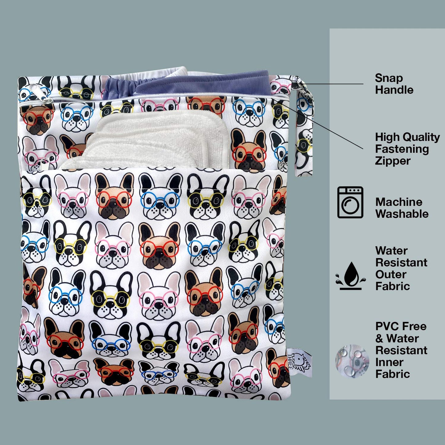 FLOCK THREE 4pcs Waterproof Wet Bag Reusable for Wet Clothes Baby Diapers Stroller Swimsuit Travel Reusable toiletries Pouch Small and Larger Electronics case 4 Pack (Cute Dog)
