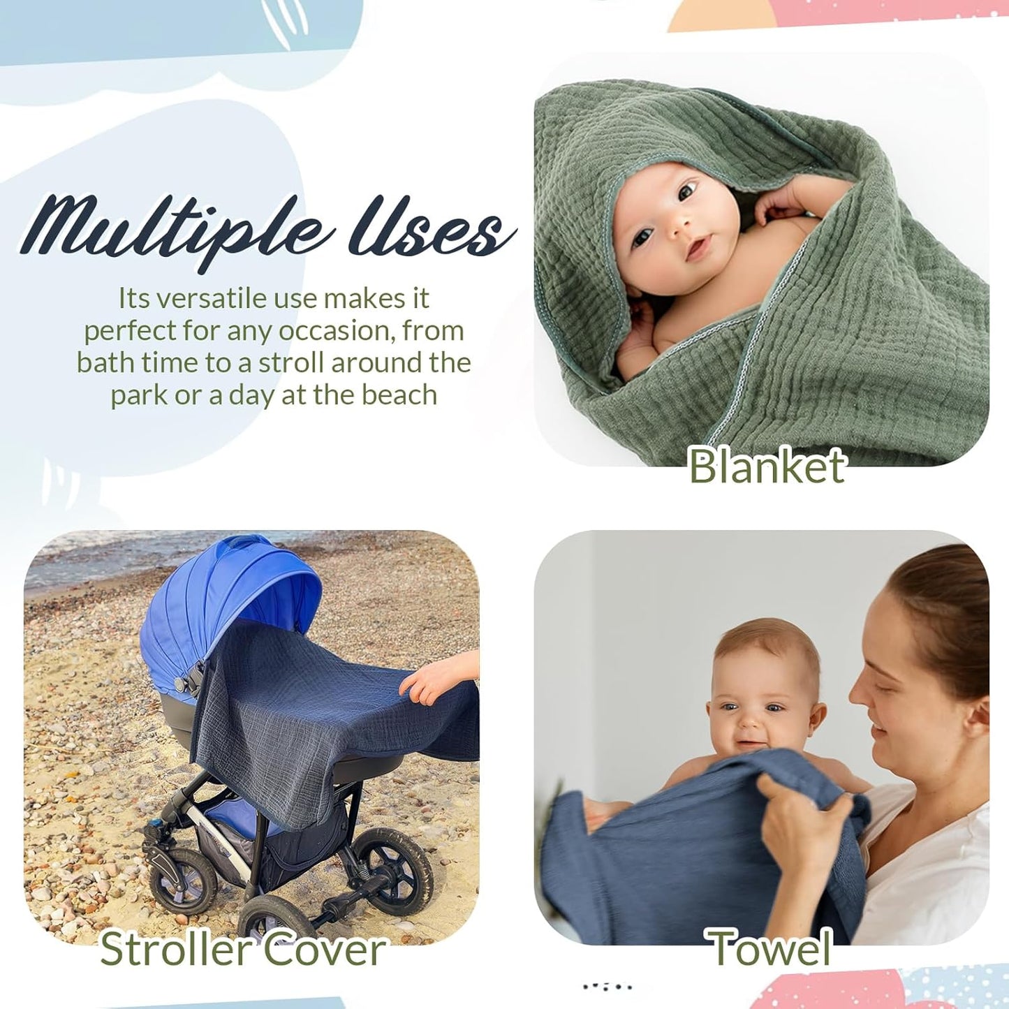 6 Pcs Muslin Hooded Bath Towels Washcloths and Bibs Set, Muslin Cotton Baby Towels Absorbent Hooded Blanket Towel Infant Bibs for Boys Girls Newborn Infant Essentials(Blue, Green)