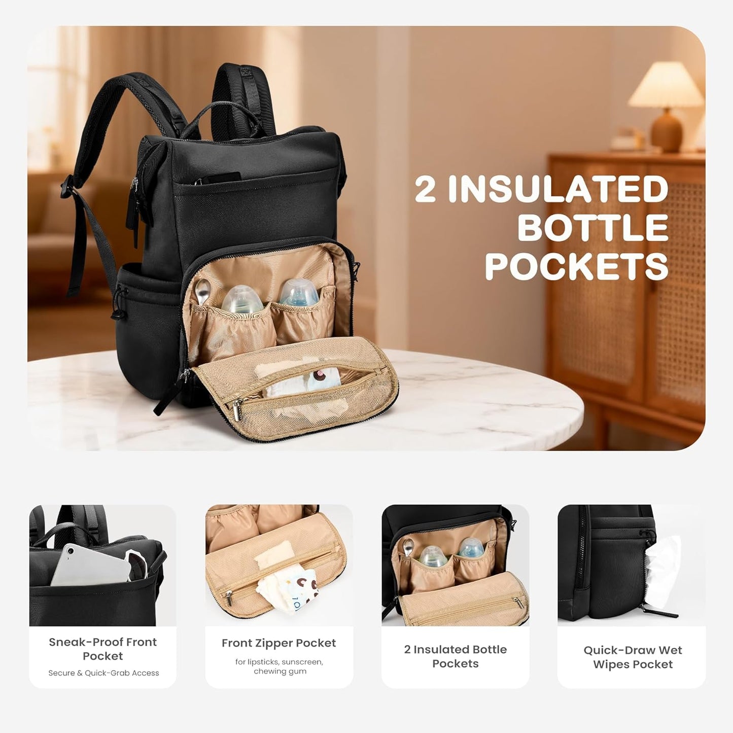 VONAL Neoprene Diaper Bag Backpack with Changing Pad, 33L Large Capacity Neoprene Backpack Baby Diaper Bag with Insulated Pockets, Travel Diaper Backpack Baby with 12 Pockets for Mom & Dad, Black