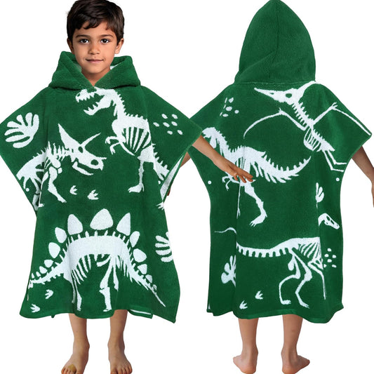 VOOVA & MOVAS Dinosaur Hooded Poncho Towels for Kids (4-8Years,28"x28"),Soft Cotton Thick Absorbent Towel Robe for Toddler Boys,Perfect for Bathroom | Pool | Swimming, Jacquard Green Dino