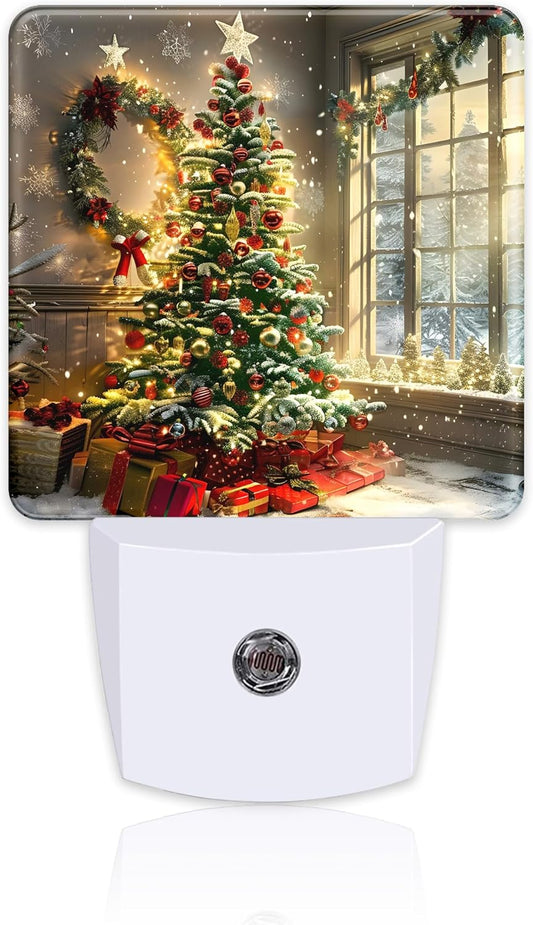 Christma Room Full of Gifts Night Light, Christmas Tree with Red and Gold Ornaments Dusk to Dawn Night Light Plug in, 0.5w Energy Saving Sleep Friendly NightLight for Kids Boys Girls Home Decor