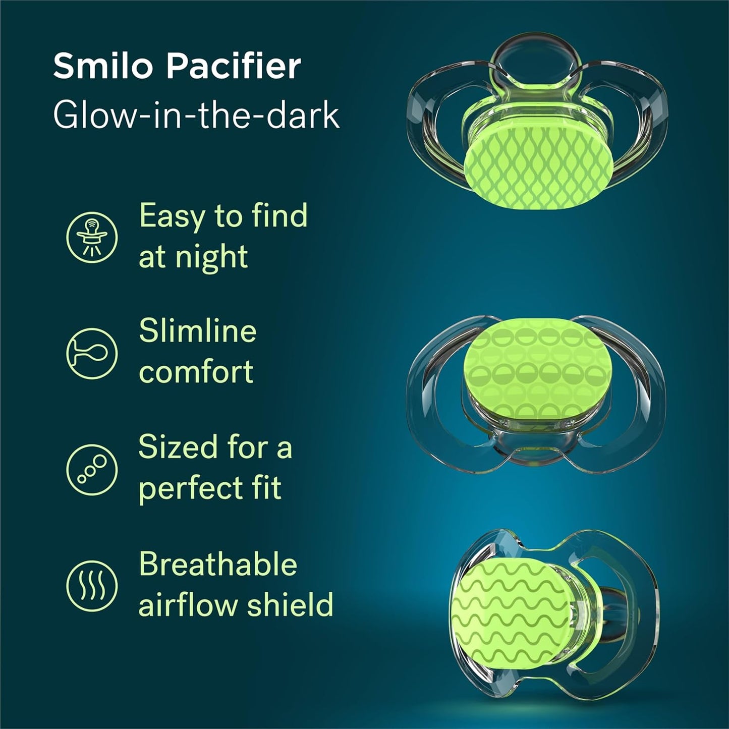 Smilo Baby Pacifier with Orthodontic Design for Healthy Dental Development - Stage 3 for Babies 9+ Months - Pack of 3X 100% Silicone Pacifiers BPA Free - Glow-in-The-Dark