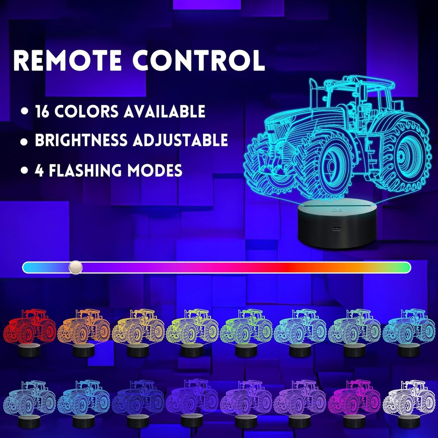 Tractor Night Light, Truck 3D Illusion Optical Hologram LED Lamp with 16 Color Changing, Remote Control, Timer, Table Bedroom Decor Creative Chrismas Birthday Gift for Kids Boys Grandson Men