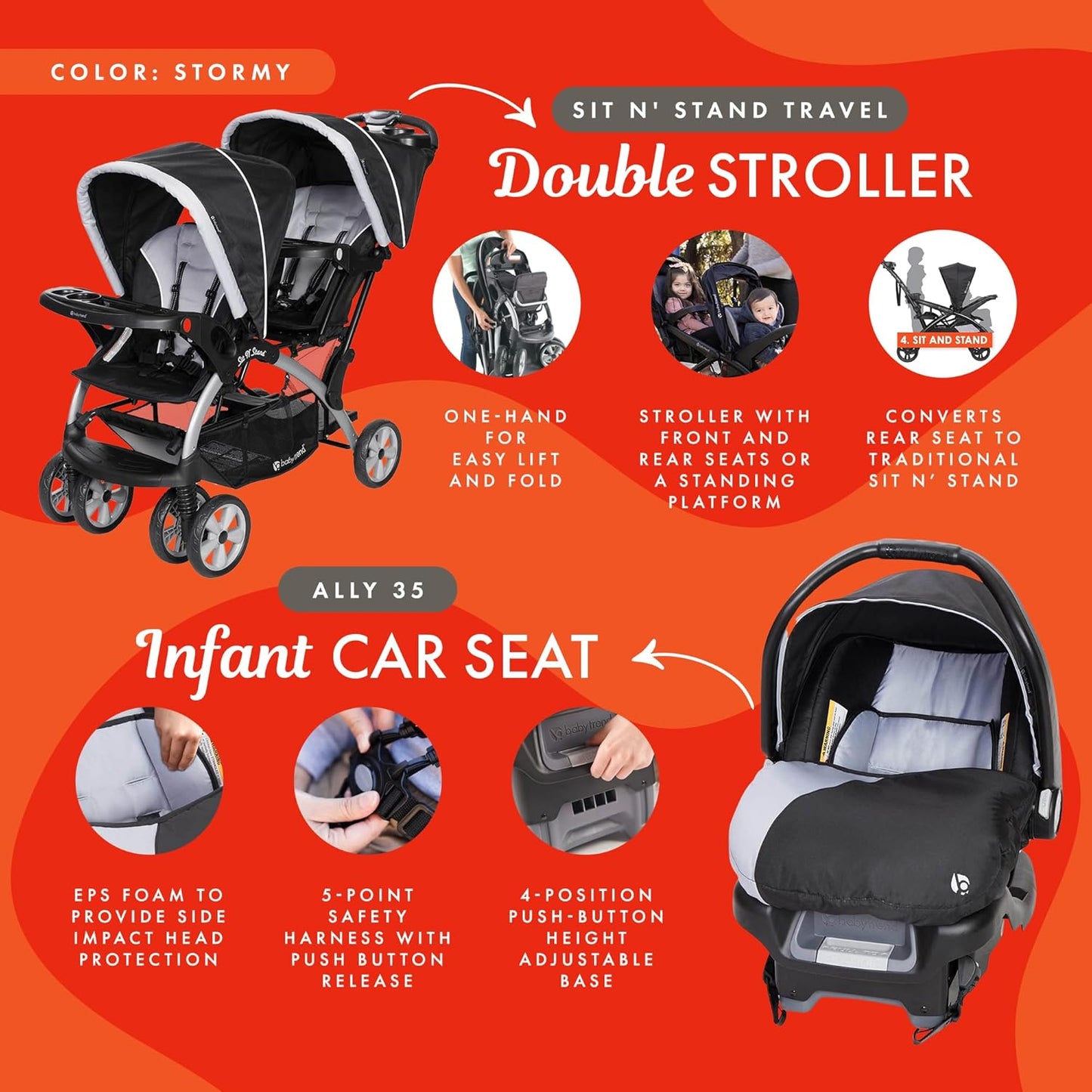 Baby Trend Infant and Toddler Double Stroller & 2 Car Seat Combo, 3 Pc Set, Stormy - Portable and Lightweight Stroller Duo and Car Seat Travel System Tandem