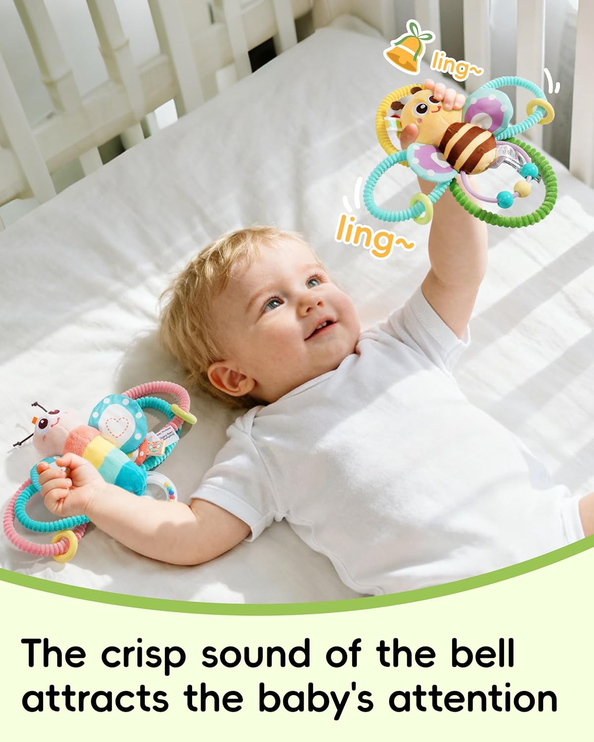 Jollybaby Soft Baby Rattles & Plush Rings Toy for Newborn 0-3-6-12 Months, Sensory Developmental Hand Teether Toys for Infant 0-2-4-7-8-9 Months, Baby Shower & Birthday Gifts - Bee