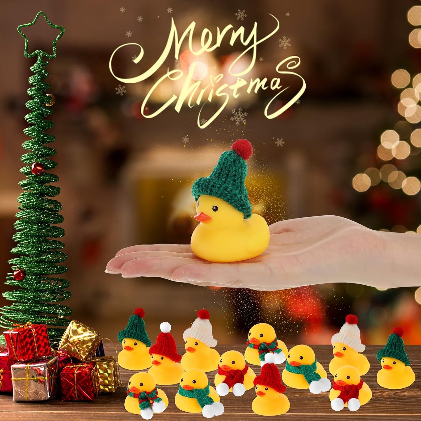 Jerify 72 Pieces Christmas Rubber Ducks with Classic Knitting Hats and Stripe Scarves Mini Cute Yellow Duck for Xmas Swimming Pool Birthday Party Bath Baby Shower