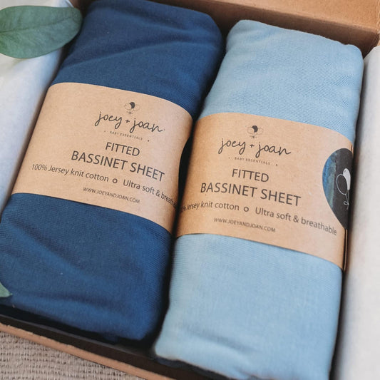 Joey + Joan Bassinet Fitted Sheets 19" x 32" for Cowiewie Mika Micky Bedside Sleeper Bassinet Mattress Pad – Snuggly Soft 100% Jersey Cotton – Dusty Blue + Navy – 2 Pack
