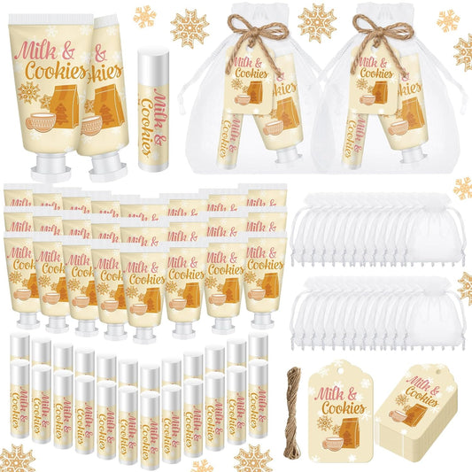 24 Sets Milk Cookies Hand Cream and Lip Balm Gifts Gingerbread Snowflake Baby Shower Favors for Guests Travel Size Hand Lotion and Lip Balm with Organza Bag and Tag Wedding Bridal Shower Party Supply