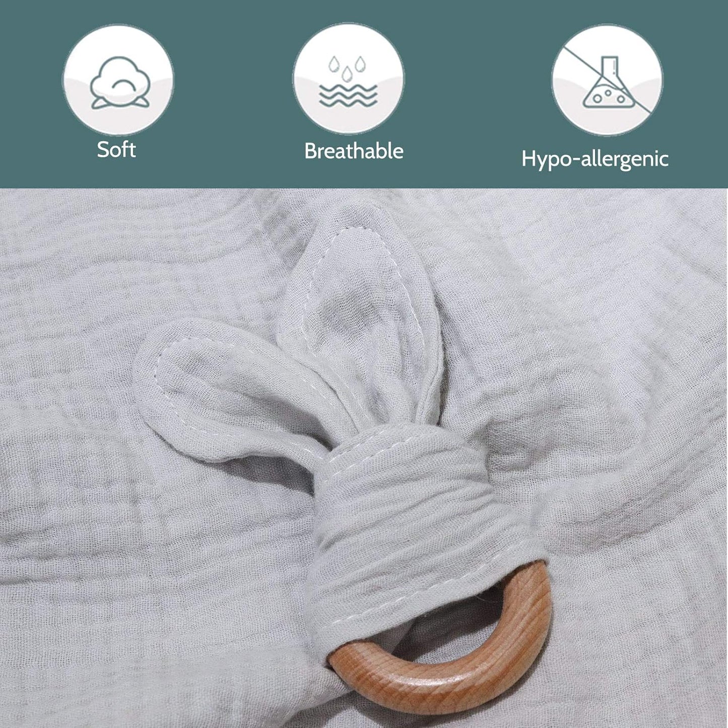 Baby Lovey, Wood Rattle, Teether Ring, 3 Pack Montessori Gift, Gray, Cotton, Double Gauze, Baby Shower, Gender Neutral Gift