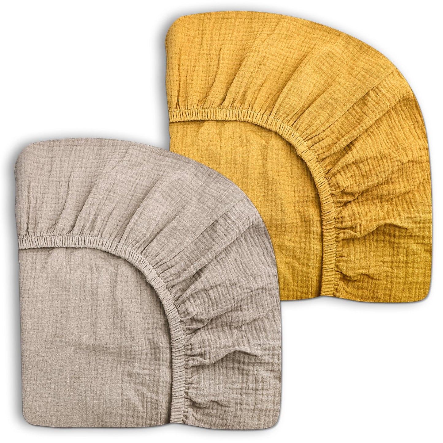 Pack and Play Sheets for Baby Boy and Girl 2 Pack, Neutral Muslin Cotton Pack N Play Mattresses Sheet 27"x39", Muslin Nursery Bedding Soft and Breathable Comfort (Beige & Mustard Yellow)