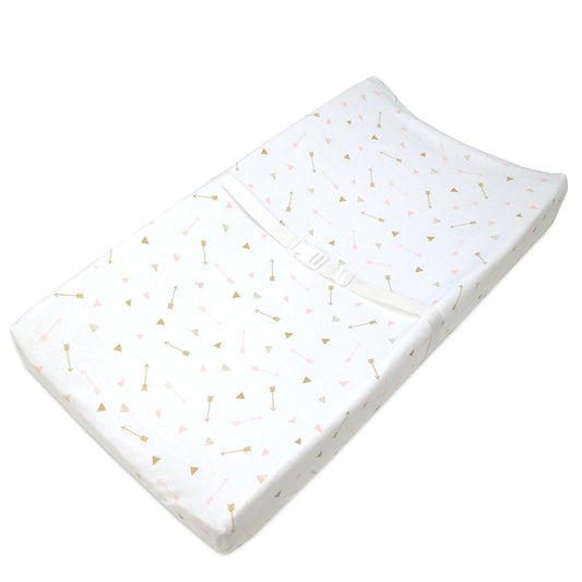 American Baby Company Printed 100% Cotton Knit Fitted Contoured Changing Table Pad Cover/Sheet - Compatible with Mika Micky Bassinet, Sparkle Gold/Pink Arrows, for Boys and Girls
