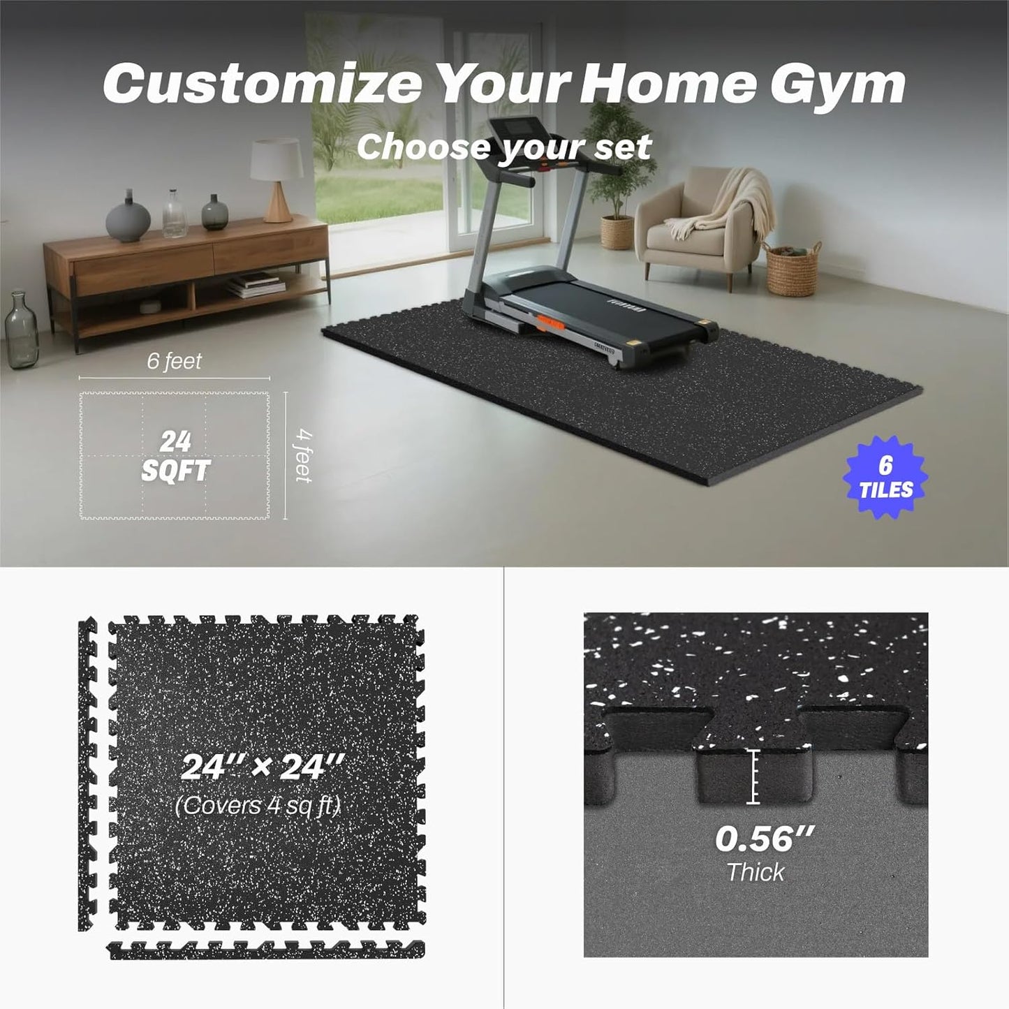 AIRHOP 0.56in Thick 24 Sq Ft Exercise Equipment Mats, 6 Tiles Upgraded Rubber Top with High Density EVA Foam, Large Interlocking Puzzle Gym Flooring for Home Gym, Heavy Weight Workout, 24 x 24in