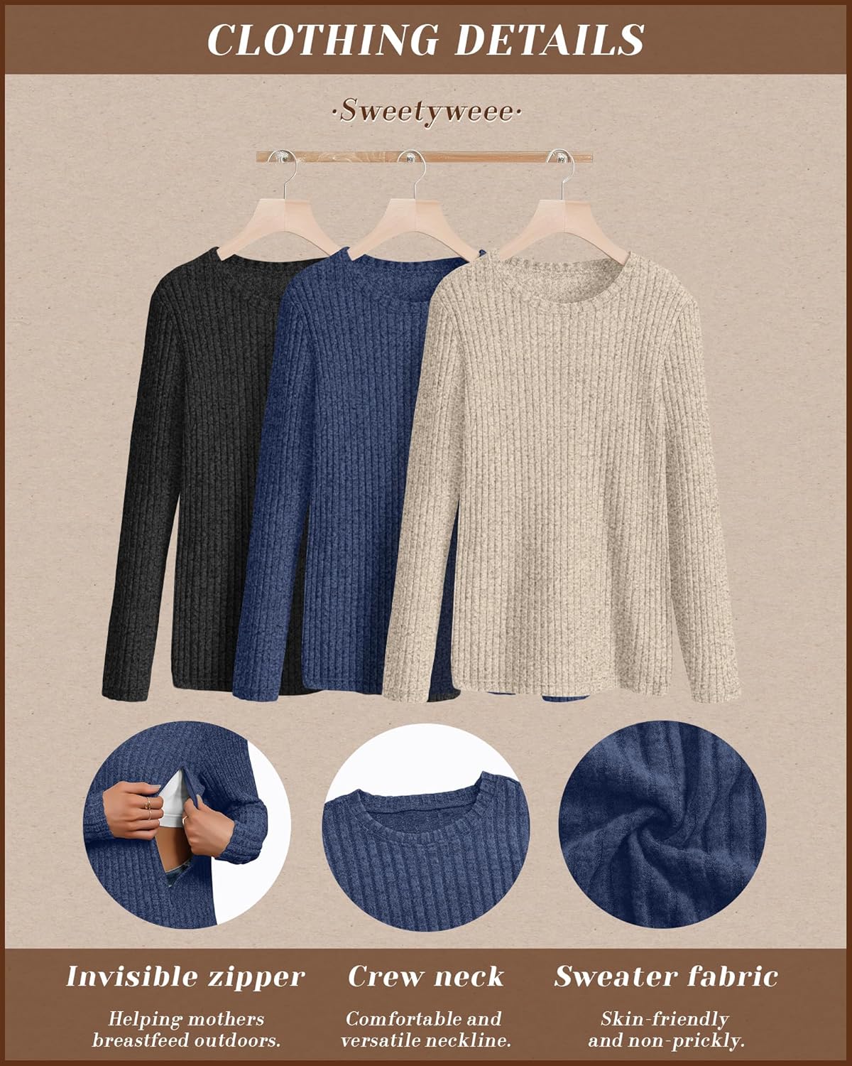 3 Pack Women's Nursing Long Sleeve Tops Breastfeeding Thermal Sweaters with Hidden Zipper Maternity Ribbed Shirts