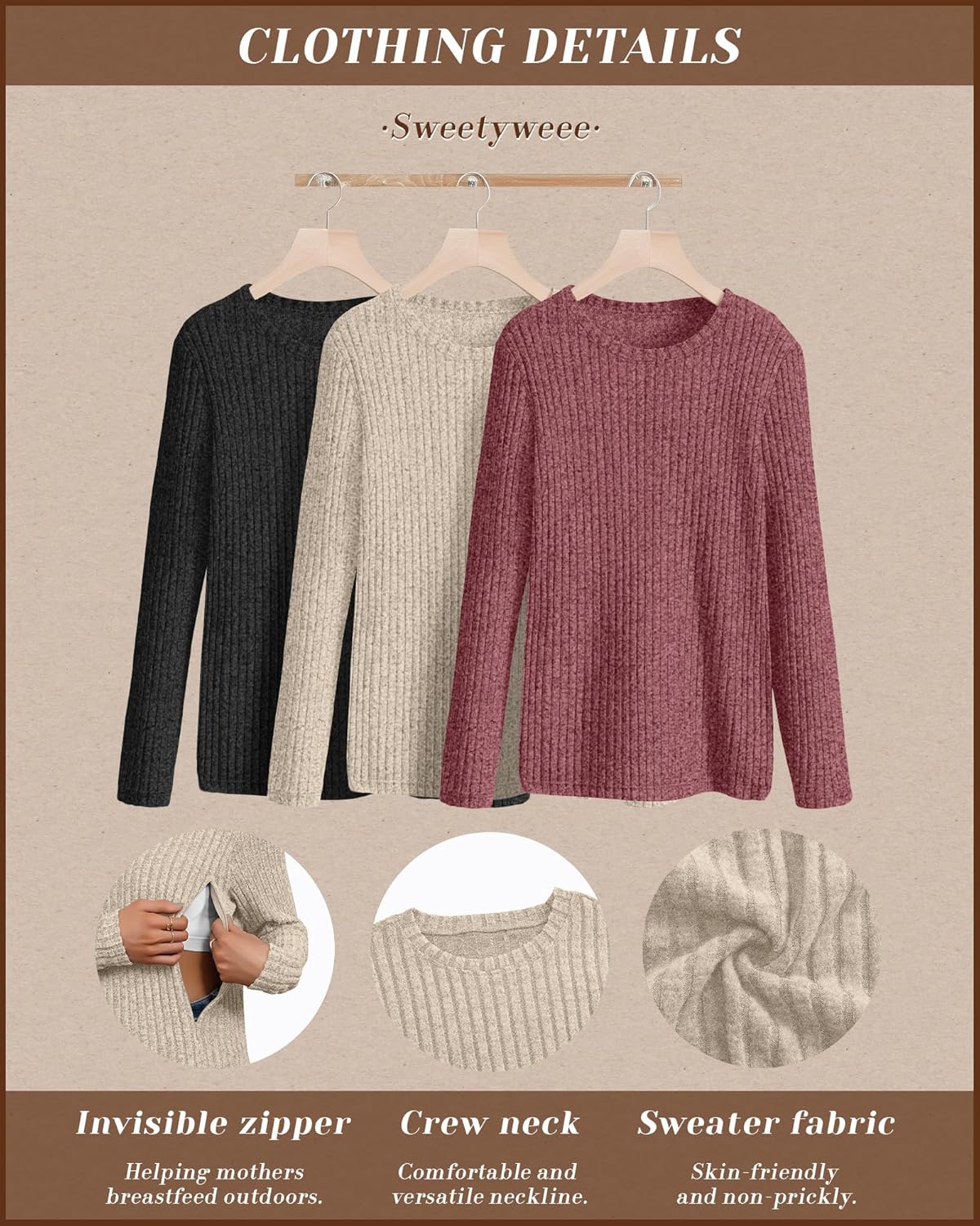 3 Pack Women's Nursing Long Sleeve Tops Breastfeeding Thermal Sweaters with Hidden Zipper Maternity Ribbed Shirts