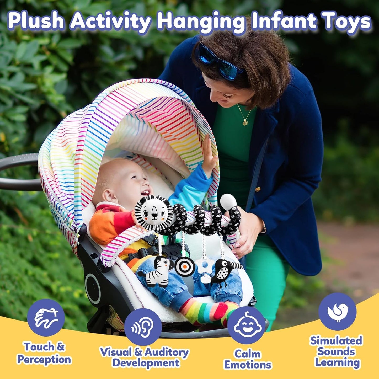 Baby Carseat Toy Black & White Rattle Spiral Hanging Activity Stroller Toy for Newborns Boys and Girls - Lion