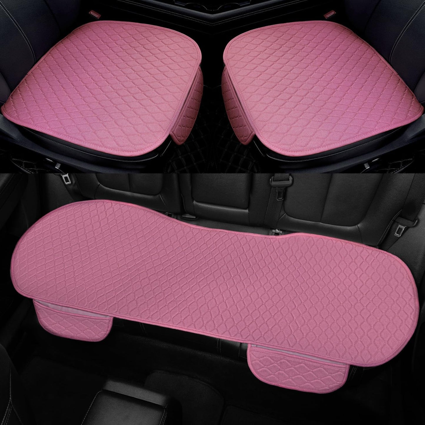 3 PCS Linen Car Seat Covers with Storage Pocket, Back Seat Covers Protectors with Non-Slip, Breathable Bench Seat Covers Universal Fit for SUVs, Cars, Trucks (Pink)